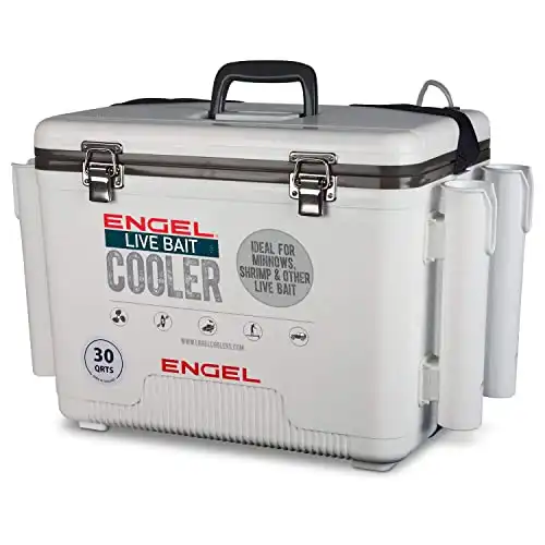 Engel Coolers Live Bait Cooler with Net & Four Rod Holders, White, 30Qt.