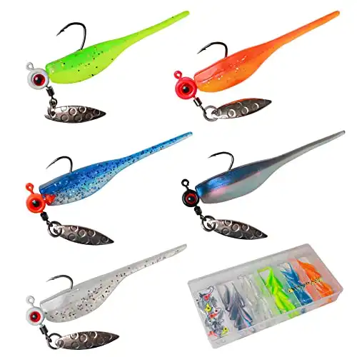 MITOBASS Crappie Lures 60Pcs Kit - 50 Small Shad, 10 Jig Heads for Crappie Fishing Lures