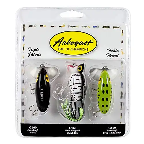 Arbogast Triple Threat Fishing Lure, Includes 2 Jitterbug Lures and 1 Hula Popper Lure